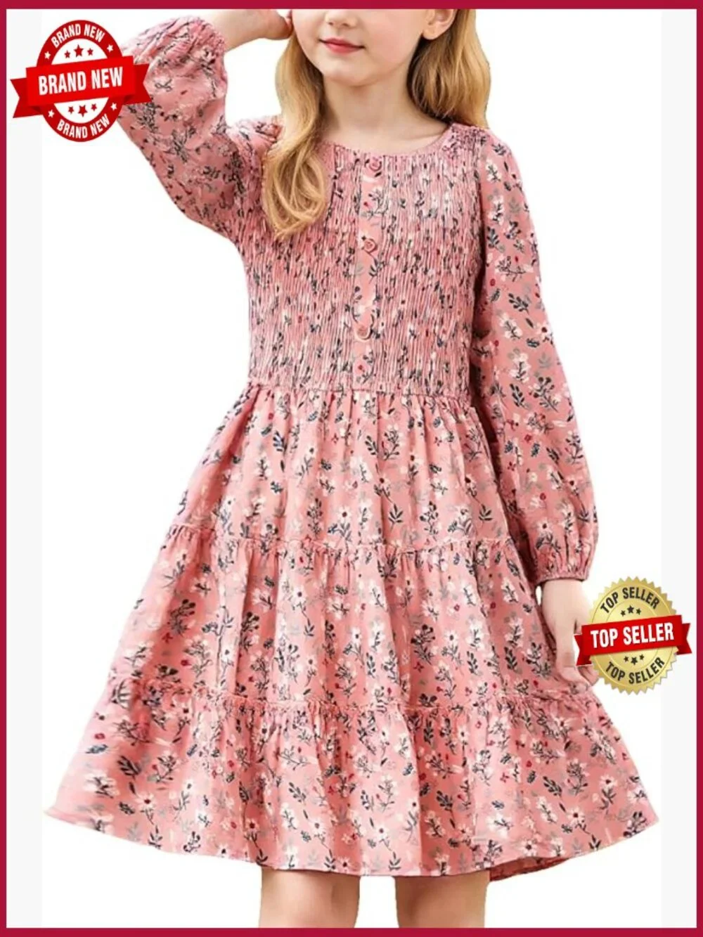 Girls Long Sleeve Square Neck Smocked Tiered A-Line Casual Dress Size 5-14 Fall